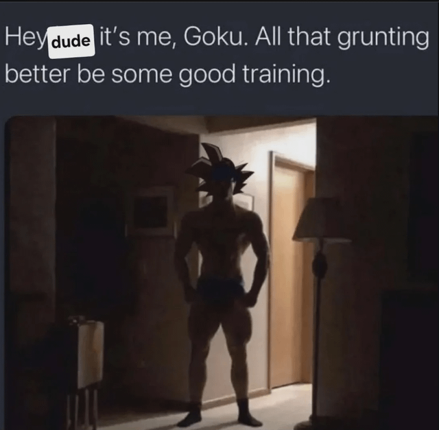 This is a humorous edited meme that combines a real-life photo of a muscular, nearly nude person (wearing only dark underwear and black socks) standing confidently in a dimly lit residential doorway with the head of Goku, the iconic protagonist from the *Dragon Ball* anime/manga series. The text at the top reads: "Hey dude it's me, Goku. All that grunting better be some good training." The joke relies on a clear double meaning: Goku, a character obsessed with martial arts training, assumes the grunting sounds he hears are from intense physical training, but the suggestive visual of the half-naked person implies the grunting is from a private, sexual intimate activity. The humor comes from the contrast between Goku's innocent, training-focused personality and the awkward, suggestive real-life scenario, creating an awkwardly funny subversion of expectations.