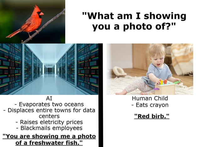 A multi-panel meme collage humorously contrasting AI's overcomplication with a human child's simplicity. The top-left panel shows a red cardinal bird perched on a branch. Top-right contains the prompt text: 'What am I showing you a photo of?'. Bottom-left features a data center labeled 'AI' with bullet points: '- Evaporates two oceans', '- Displaces entire towns for data centers', '- Raises electricity prices', '- Blackmails employees', followed by AI's incorrect response: 'You are showing me a photo of a freshwater fish.' Bottom-right shows a young child sitting on a rug playing with toys, labeled 'Human Child' with '- Eats crayon' and the child's correct response: 'Red birb.' The joke hinges on AI providing an overly complex, wrong answer while the child gives a simple, accurate observation.