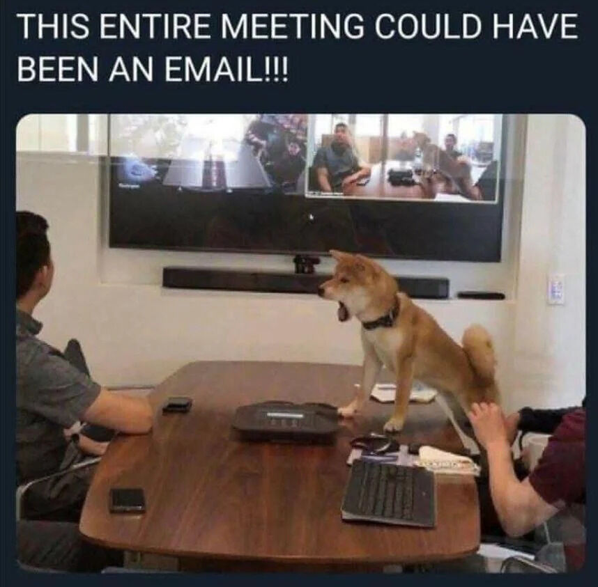 A meme image depicting a workplace meeting room. A large screen on the wall displays a video conference with multiple participants. In the foreground, a Shiba Inu dog stands upright on a wooden conference table, appearing to bark or yell, while two people are seated at the table (one on the left, partially visible, and one on the right, reaching towards the dog). The top of the image features bold white text on a dark background: 'THIS ENTIRE MEETING COULD HAVE BEEN AN EMAIL!!!', humorously conveying frustration with unnecessary, unproductive meetings.