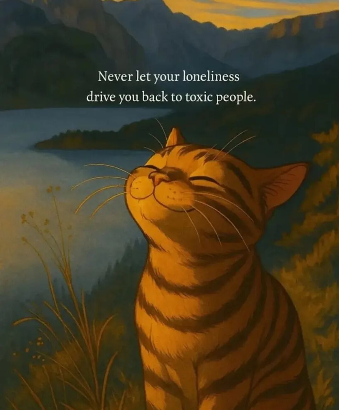 This is a wholesome motivational meme featuring a painted illustration of a happy orange tabby cat with closed eyes, tilting its head upward in a relaxed, content expression. The cat is positioned in the foreground of a scenic golden-hour landscape of a lake surrounded by mountains. Overlaid on the upper part of the image is an encouraging self-care quote that reads: "Never let your loneliness drive you back to toxic people." The calm happy cat complements the advice about setting healthy personal boundaries to avoid returning to harmful relationships when lonely.