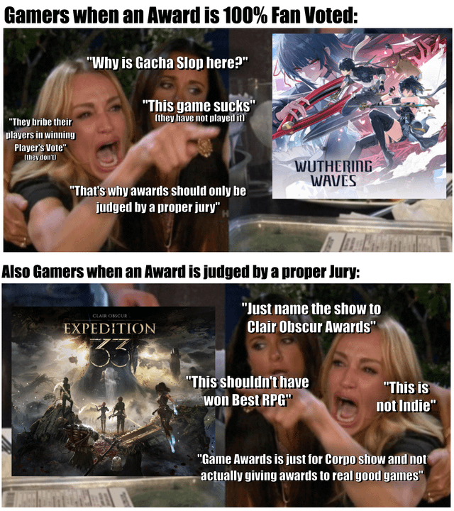 A two-panel meme satirizing gamers' contradictory reactions to award judging methods. The top panel, labeled 'Gamers when an Award is 100% Fan Voted:', shows a woman (likely from a real reaction image) yelling with text overlays criticizing a fan-voted award: 'Why is Gacha Slop here?', 'This game sucks (they have not played it)', 'They bribe their players in winning 