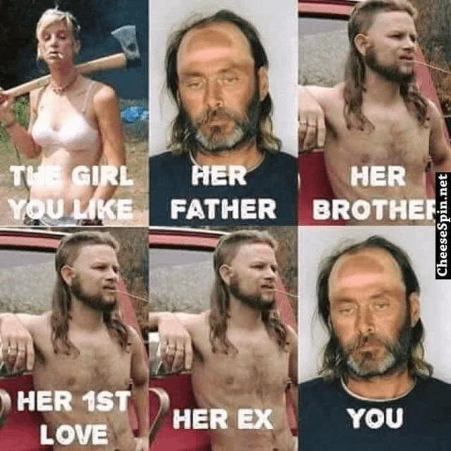 A 2x3 grid meme featuring six images with text labels. Top-left: A woman in a white tank top holding an axe, labeled 'THE GIRL YOU LIKE'. Top-middle: A bearded man with a serious expression, labeled 'HER FATHER'. Top-right: A shirtless man with long hair leaning on a car, labeled 'HER BROTHER'. Bottom-left: The same shirtless man from top-right, labeled 'HER 1ST LOVE'. Bottom-middle: The same shirtless man again, labeled 'HER EX'. Bottom-right: The same bearded man from top-middle, labeled 'YOU'. The humor lies in the sarcastic implication that pursuing 'the girl you like' leads to the viewer (labeled 'YOU') becoming as intimidating and worn-out as her father, after dealing with her brother, first love, and ex.