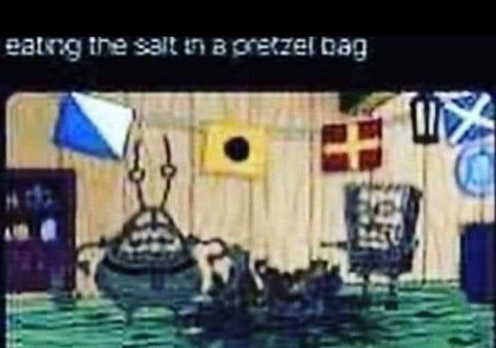 This is a humorous meme that uses the iconic low-resolution Krusty Krab staff meeting template from the animated show SpongeBob SquarePants. At the top of the image, white text on a black background reads 'eating the salt in a pretzel bag'. The scene shows Mr. Krabs positioned at the head of a meeting table addressing other Krusty Krab employees seated around the table, framing the common, slightly indulgent snacking habit of eating leftover salt from a pretzel bag as a serious, high-priority topic for formal group discussion, which creates a relatable, funny contrast between the trivial action and the dramatic presentation.
