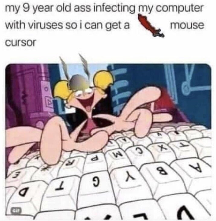 The meme features text at the top stating 'my 9 year old ass infecting my computer with viruses so i can get a <sword graphic> mouse cursor', paired with a screenshot of the character Dee Dee from Dexter's Laboratory frantically pressing all keys on a computer keyboard at once. The humor comes from the relatable shared experience of young internet users prioritizing fun custom computer assets like themed mouse cursors over protecting their device from malware, even if it means intentionally or accidentally downloading viruses to get the desired feature.