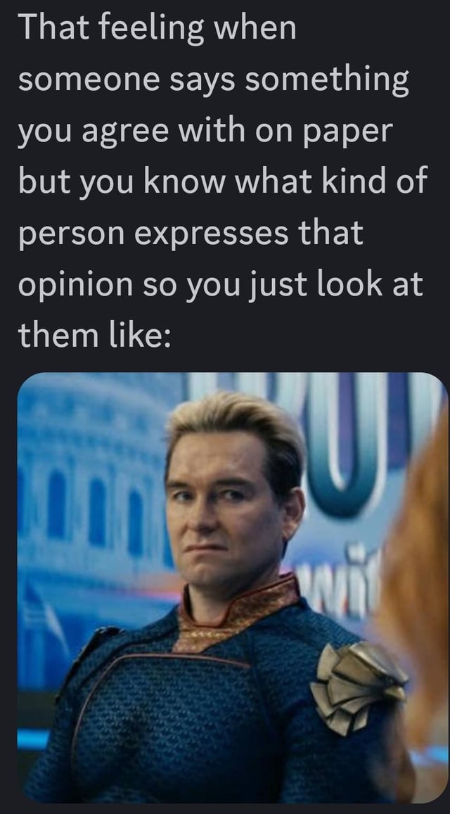 This meme is split into two sections. The top section has white text on a dark background that reads: 'That feeling when someone says something you agree with on paper but you know what kind of person expresses that opinion so you just look at them like:'. Below the text is a still frame of the character Homelander from the TV series *The Boys*, looking to the side with a disdainful, skeptical, unimpressed side-eye expression. The original post title references the 'all lives matter' phrase, which is widely recognized as bad faith rhetoric used to counter Black Lives Matter activism: while the phrase sounds positive literally, it is almost exclusively used by people holding anti-racial justice views, leading to the uncomfortable distrustful reaction depicted in the meme.