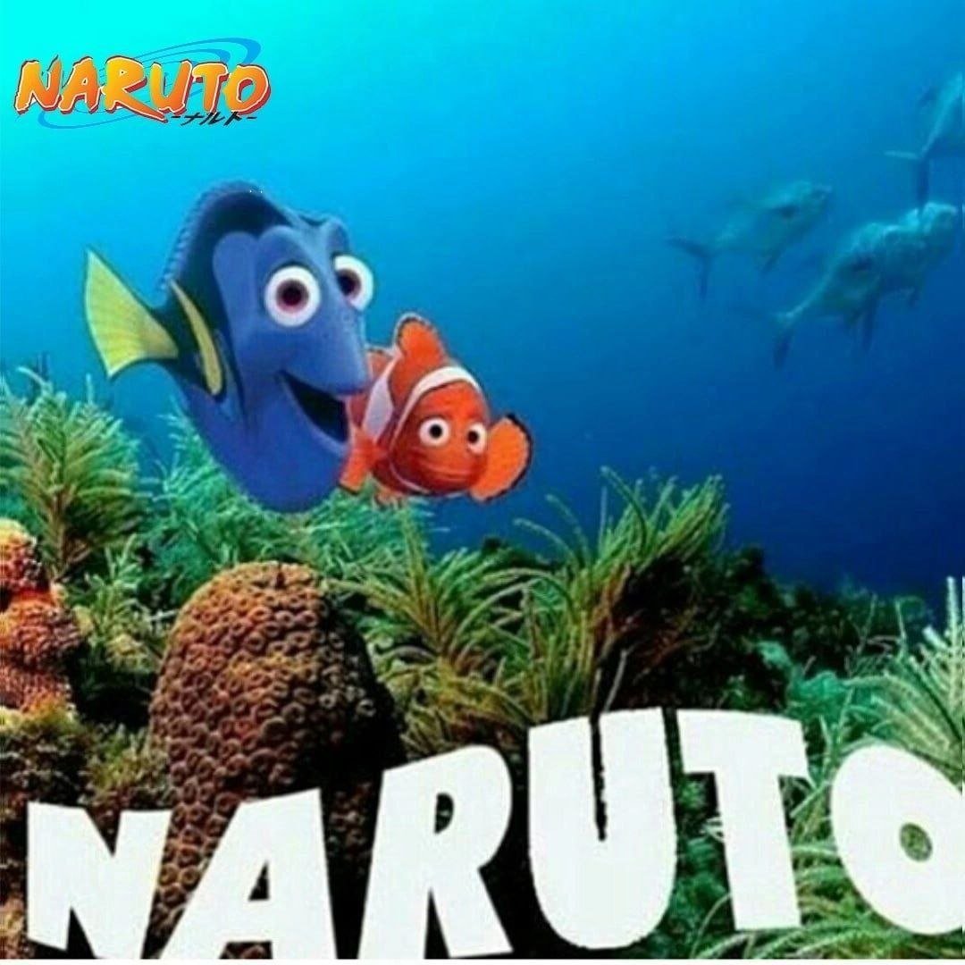 This is an absurdist pun meme that uses an original underwater scene from the Pixar animated film *Finding Nemo*, featuring main characters Dory (blue tang fish) and Nemo (clownfish) swimming above a coral reef. The meme plays on the similar pronunciation of 'Nemo' and 'Naruto', overlaying the *Naruto* anime franchise's 'NARUTO' logo in the top-left corner, and large 'NARUTO' text across the bottom of the image to create a silly fake crossover joke.