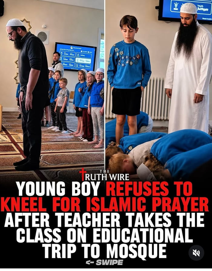 This is a two-panel collage image. The left panel depicts an indoor mosque setting, where a bearded Muslim man wearing a white kufi cap stands on patterned prayer rugs facing a line of school children, most dressed in blue uniforms and some wearing small white kufi caps, who are visiting as part of an educational trip. The right panel shows the same scene: most of the children are kneeling and bowing in the position for Islamic prayer, while one young boy in a blue sweatshirt and black shorts remains standing upright, not taking part in the prayer, next to another bearded Muslim man in a white traditional robe and kufi. Overlaid text at the bottom reads 'YOUNG BOY REFUSES TO KNEEL FOR ISLAMIC PRAYER AFTER TEACHER TAKES THE CLASS ON EDUCATIONAL TRIP TO MOSQUE', with a 'The Truth Wire' logo above this text, and a '<- SWIPE' prompt at the very bottom.