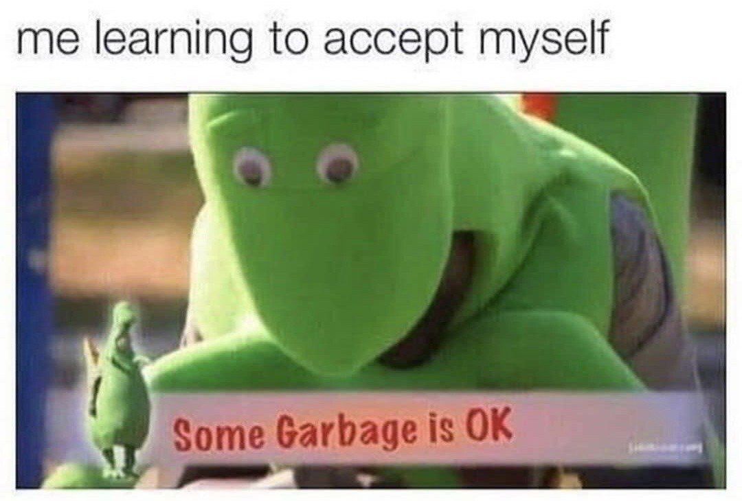 The meme features top text that reads 'me learning to accept myself'. Below the text is an image of a large googly-eyed green T-Rex puppet looking down at a small figurine of the same dinosaur, which is holding a sign that says 'Some Garbage is OK'. The joke is a self-deprecating relatable gag, where the person frames their journey of self-acceptance as acknowledging that even if they perceive themselves as garbage, that is still acceptable.