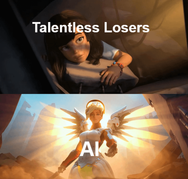 This is a two-panel sarcastic meme commenting on widespread online debates about AI art. The top panel shows a young girl from the Overwatch 2 Kiriko animated short looking down judgmentally, labeled 'Talentless Losers' to represent the common insult that AI art supporters direct at human artists who criticize AI generated content. The bottom panel features Overwatch support hero Mercy, presented as a glowing, heroic savior figure with wings outstretched, labeled 'AI' to satirize the popular framing of AI art as an objectively superior, innovative replacement for human creative work, mocking the dismissive attitude of AI proponents towards professional human artists.