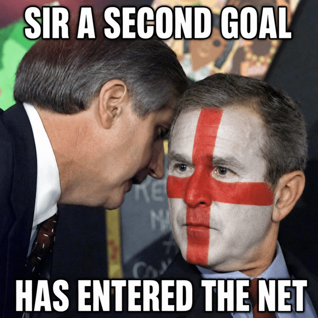 This meme edits the famous 2001 photograph of former US President George W. Bush being notified of the 9/11 attacks by his aide Andy Card during a school visit. In the edited version, Bush's face is painted with the St. George's Cross, the national flag of England. The text above the whispering aide reads 'SIR A SECOND GOAL' and the text below reads 'HAS ENTERED THE NET', joking that the England men's national football team conceding a second goal in a match is a 'national tragedy' for English supporters, aligning with the original post title 'English national tragedy'.
