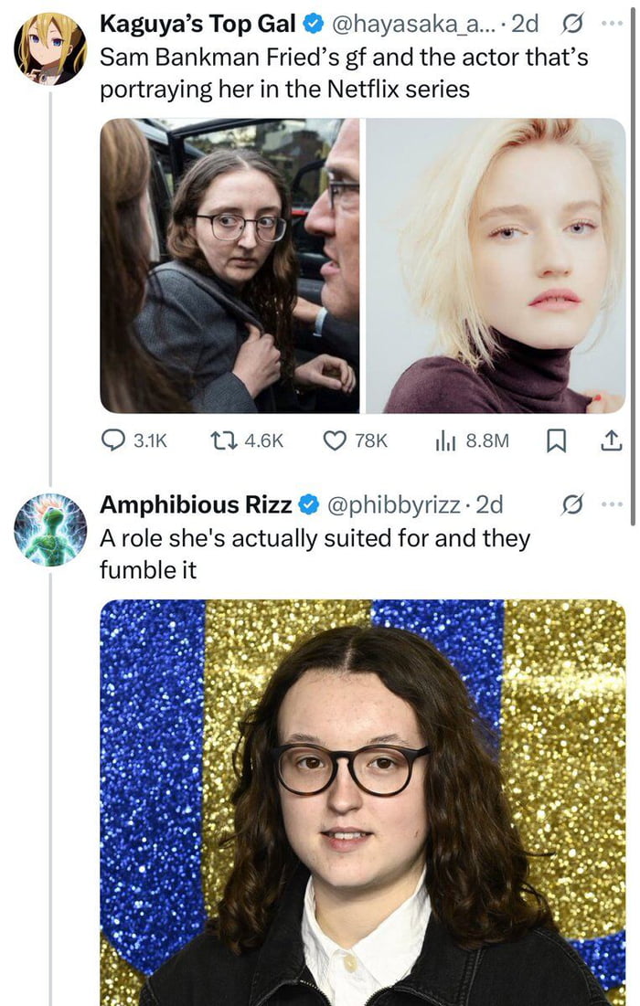 This meme is a screenshot of a Twitter (X) thread mocking Netflix's casting choice for an upcoming series about Sam Bankman-Fried. The first tweet shows two images: left is a candid photo of Caroline Ellison (Sam Bankman-Fried's girlfriend) looking nervous, right is the actress cast to play her, posed and formal. The second tweet responds with a joke pointing out a missed opportunity: it features a portrait of actress Bella Ramsey, who bears a strong resemblance to Ellison, with the caption "A role she's actually suited for and they fumble it". The humor comes from the stark similarity between Ramsey and Ellison, framing the original casting decision as a mistake.