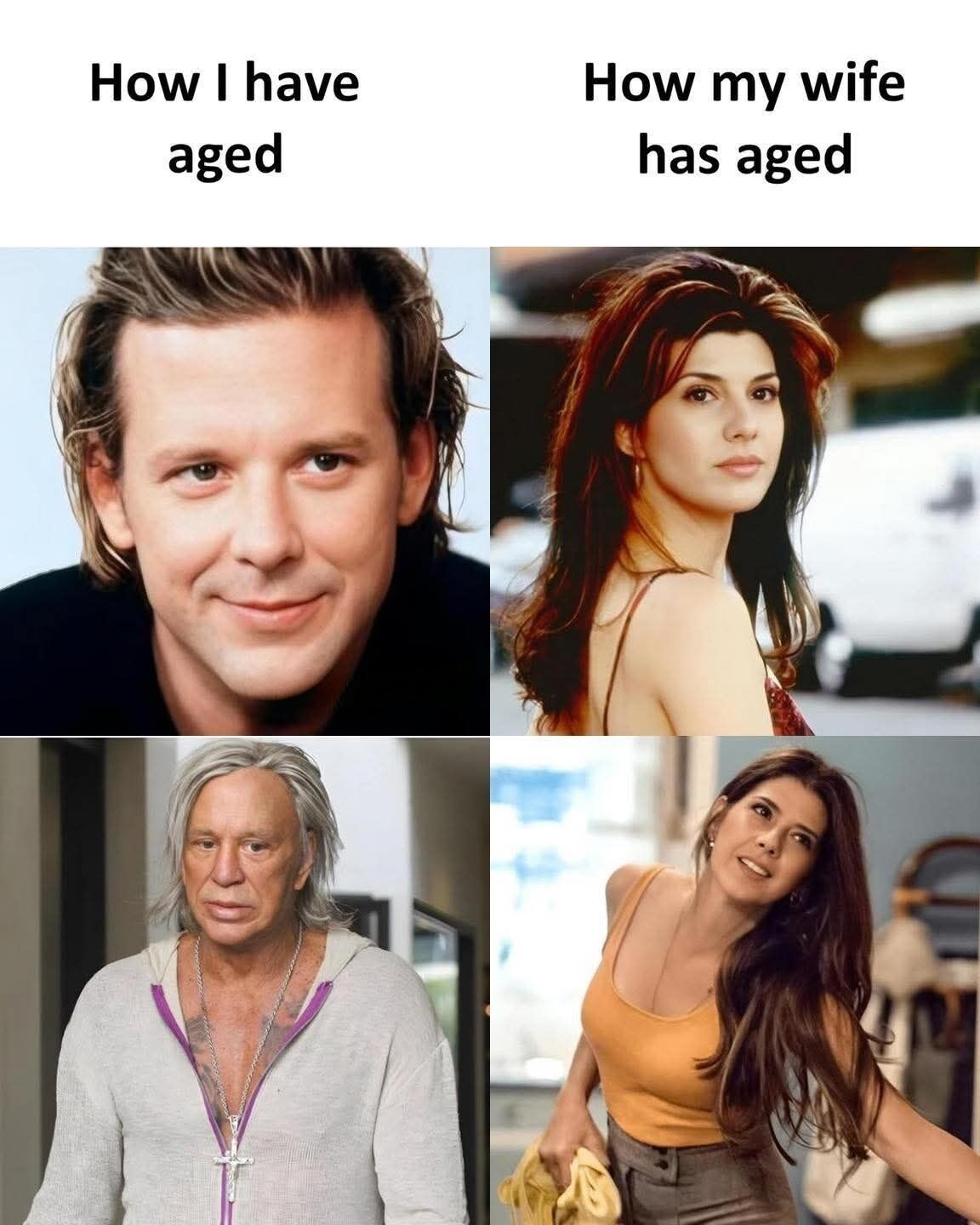 This is a 2x2 comparison collage meme. The left column is labeled "How I have aged", with a younger portrait of actor Mickey Rourke at the top and an older, visibly more aged photo of Mickey Rourke at the bottom. The right column is labeled "How my wife has aged", with a younger portrait of actress Marisa Tomei at the top and a recent older photo of Marisa Tomei at the bottom where she appears nearly as youthful as her younger self. The joke plays on the common lighthearted observation that many men tend to age more dramatically in appearance than women of similar age, presented in a relatable couple context.