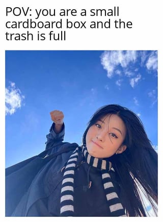 This meme uses a forced perspective optical illusion to deliver a relatable, humorous gag. The top text sets the scene with the point-of-view (POV) prompt: "POV: you are a small cardboard box and the trash is full". The image is taken from an extremely low angle, framing a real person as if they are towering over the viewer (who is cast in the role of the small cardboard box). The person has a calm, amused expression, and is extending one hand downwards towards the camera, mimicking the action of someone trying to crumple a box to fit into an overfull trash bin. The background is a clear blue sky, emphasizing the forced perspective that makes the person appear large and imposing from the box's viewpoint. The joke leans into the everyday frustration of trying to dispose of items when trash receptacles are already full, framed in a playful, imaginative way.