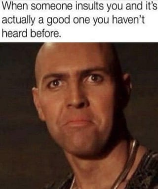 A meme consisting of a photograph of a real person with a neutral yet subtly intrigued expression, paired with the text: 'When someone insults you and it's actually a good one you haven't heard before.' The image humorously captures the mixed reaction of being insulted but impressed by the creativity or originality of the insult.