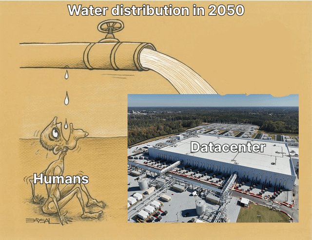This is a satirical collage meme commenting on future resource allocation. At the top, the text reads 'Water distribution in 2050'. On the left side, a gaunt, emaciated cartoon human labeled 'Humans' sits on dry, parched ground, desperately opening their mouth to catch only two small drops of water dripping from a large pipe. On the right side, the full massive flow of water from the same pipe goes directly to a large real-life datacenter labeled 'Datacenter'. The original post title adds an additional layer of dark humor, joking that the only positive side of this scenario is that people will get access to advanced GPT 20 AI from these resource-heavy datacenters as consolation for lack of basic resources like water.