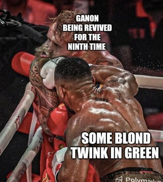 A meme featuring a boxing match scene with two characters. The top character is labeled 'GANON BEING REVIVED FOR THE NINTH TIME' and the bottom character, positioned in a punching stance, is labeled 'SOME BLOND TWINK IN GREEN'. The image humorously references the recurring narrative cycle in The Legend of Zelda video game series where the antagonist Ganon is repeatedly revived and subsequently defeated by the protagonist Link, a blonde hero often depicted in green clothing. The watermark 'Polymeme' is visible at the bottom of the image.