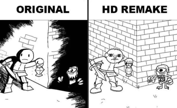A two-panel black-and-white illustration comparing 'ORIGINAL' and 'HD REMAKE' versions of a hypothetical game scene. The left panel, labeled 'ORIGINAL', features a simplistically drawn knight with a neutral expression, holding a lantern and sword, standing near a dark corner where a basic, shadowy monster with large eyes emerges. The right panel, labeled 'HD REMAKE', exaggerates detail: the knight has more defined facial features and musculature, the brick wall background is intricately patterned, and the monster has added texture (e.g., fangs, claws) and a more expressive face. The humor lies in satirizing the 'HD remake' trend by overcomplicating simple elements.