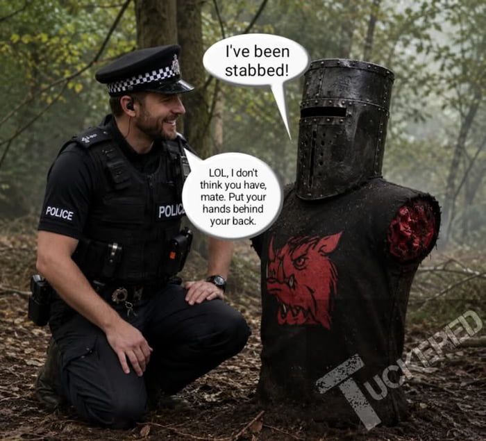 This comedic edited meme depicts a UK police officer kneeling in a foggy wooded area, smiling at the Black Knight character from *Monty Python and the Holy Grail*. The Black Knight, who has a visible bloody stump where his arm has been cut off, has a speech bubble stating 'I've been stabbed!'. The responding police officer's speech bubble reads 'LOL, I don't think you have, mate. Put your hands behind your back.'. The gag subverts the original Monty Python scene where the Black Knight repeatedly downplays his own severe, obvious injuries, here flipping the joke so the officer dismisses the knight's very clear injury as he tries to arrest him. A watermark reading 'TUCKERED' is visible in the bottom right corner.