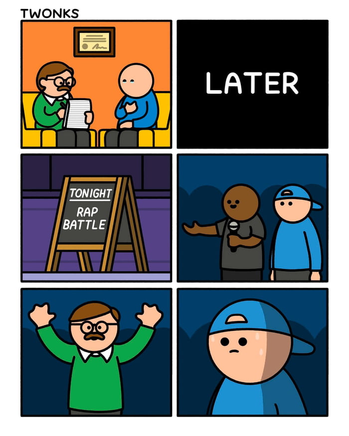 This is a 6-panel Twonks webcomic. Panel 1 shows a male therapist with glasses and a mustache in a green sweater taking notes during a therapy session with a bald male patient in a blue shirt, in an office with a framed certificate on the wall. Panel 2 is a black screen with the text 'LATER' to indicate a time jump. Panel 3 shows a sandwich board sign outside a venue that reads 'TONIGHT RAP BATTLE'. Panel 4 shows a host holding a microphone introducing the patient, who is now wearing a backwards blue baseball cap, as a contestant. Panel 5 reveals the opposing contestant is the patient's therapist, waving both arms enthusiastically to the crowd. Panel 6 shows the patient looking shocked, sweaty, and dismayed at the unexpected reveal. The humor comes from the deeply awkward situation, as the therapist knows all of the patient's private, vulnerable personal details from therapy that he could use against him in the rap battle, which matches the original Spanish title 'Esto se va a poner feo' meaning 'This is going to get ugly'.