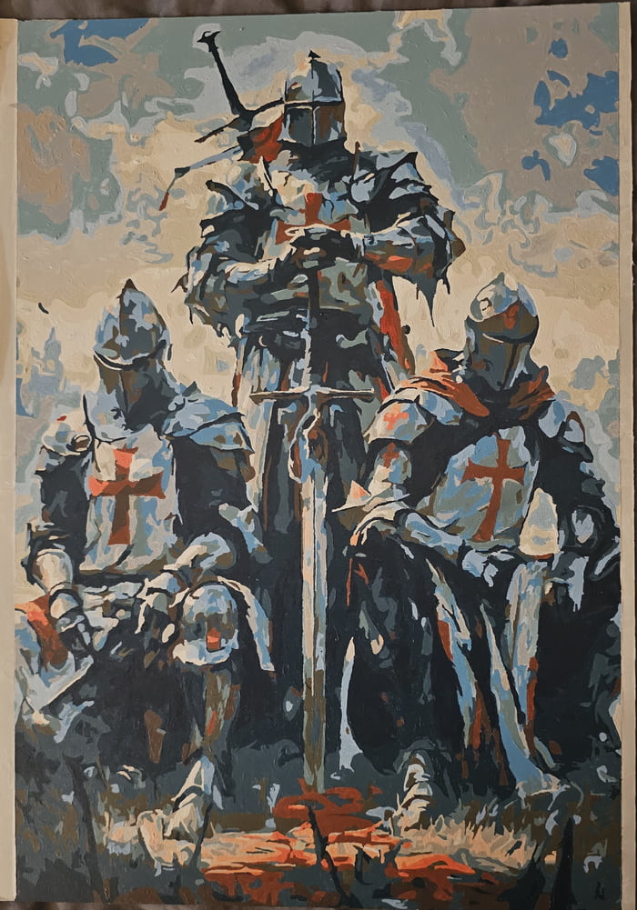 A traditional painting depicting three knights in medieval armor, each wearing a white surcoat with a prominent red cross, evoking imagery of the Knights Templar. The central knight stands tall, gripping a large sword with both hands, while the two flanking knights are seated, resting their arms on their knees. The background features a cloudy sky with soft, blended colors in blues, grays, and earth tones, creating a dramatic and solemn atmosphere. The painting uses bold brushstrokes to emphasize the metallic texture of the armor and the iconic red crosses, contributing to a sense of historical gravity and knightly dignity.