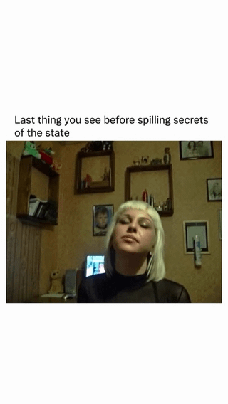 This is a single-panel static reaction meme. It features a platinum blonde woman with short hair wearing a black turtleneck, sitting in a dimly lit residential room. The background shows wall-mounted shelves, framed photographs, and small home decor items. Text above the image reads 'Last thing you see before spilling secrets of the state'. The core joke plays on the idea that the woman has such an intimidating, alluring, or authoritative aura that any person would immediately give up confidential information easily, which aligns with the original title 'Folding like a lawn chair' that refers to giving in to pressure without resistance.