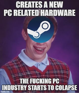 A meme image featuring a real person with a smiling expression, their face obscured by the Steam logo. The top text reads 'CREATES A NEW PC RELATED HARDWARE' and the bottom text states 'THE FUCKING PC INDUSTRY STARTS TO COLAPSE', humorously suggesting that Steam's entry into PC hardware would cause the industry to collapse. The image has a watermark from imgflip.com in the bottom left corner.