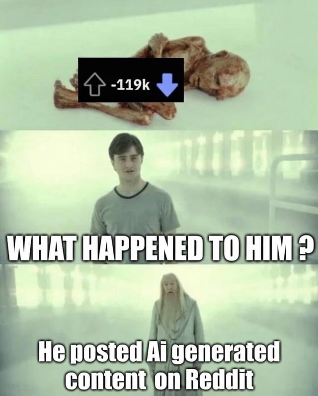 This is a three-panel meme adapted from a scene in *Harry Potter and the Deathly Hallows Part 2*. The top panel displays a desiccated, lifeless corpse overlaid with a Reddit upvote/downvote counter showing a score of -119k, indicating an overwhelming number of downvotes. The middle panel features Harry Potter standing in the bright, ethereal King's Cross setting, asking the question: "WHAT HAPPENED TO HIM?" The bottom panel shows Albus Dumbledore responding solemnly: "He posted Ai generated content on Reddit. The joke exaggerates the strong negative sentiment of Reddit users toward AI-generated content, framing the massive downvotes as a metaphorical social "death" for the poster, reducing them to a dried-up, lifeless body. It satirizes the community's widespread disdain for AI content, which is often seen as low-effort or against subreddit guidelines.
