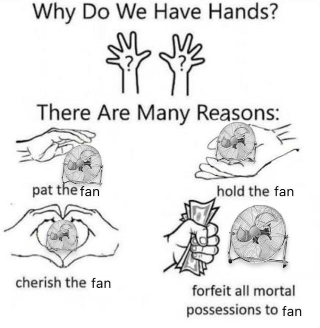 This is a black and white line art style absurdist humor meme. It opens with the question "Why Do We Have Hands?" positioned above two illustrated palms with question marks drawn on them, posing a playful rhetorical question about the purpose of human hands. It then presents four escalating, humorous reasons for having hands, each paired with a corresponding illustration: 1) "pat the fan" showing hands gently petting a small electric fan, 2) "hold the fan" showing hands cupping the small fan, 3) "cherish the fan" showing hands forming a heart shape around the small fan, and 4) "forfeit all mortal possessions to fan" showing a hand clutching a stack of cash next to a much larger, full-sized electric fan. The joke relies on the relatable experience of being extremely grateful for electric fans during hot weather, escalating from normal mild appreciation to an absurd, cult-like level of devotion where people would give up all their belongings to have access to a working fan.