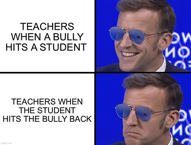 A four-panel meme arranged in a 2x2 grid. The top-left panel contains the text 'TEACHERS WHEN A BULLY HITS A STUDENT'. The top-right panel shows a man with a wide smile, wearing sunglasses and a suit, against a blue background. The bottom-left panel contains the text 'TEACHERS WHEN THE STUDENT HITS THE BULLY BACK'. The bottom-right panel shows the same man with a frowning, displeased expression. The meme humorously critiques the perceived double standard in teachers' reactions to bullying versus a student defending themselves.