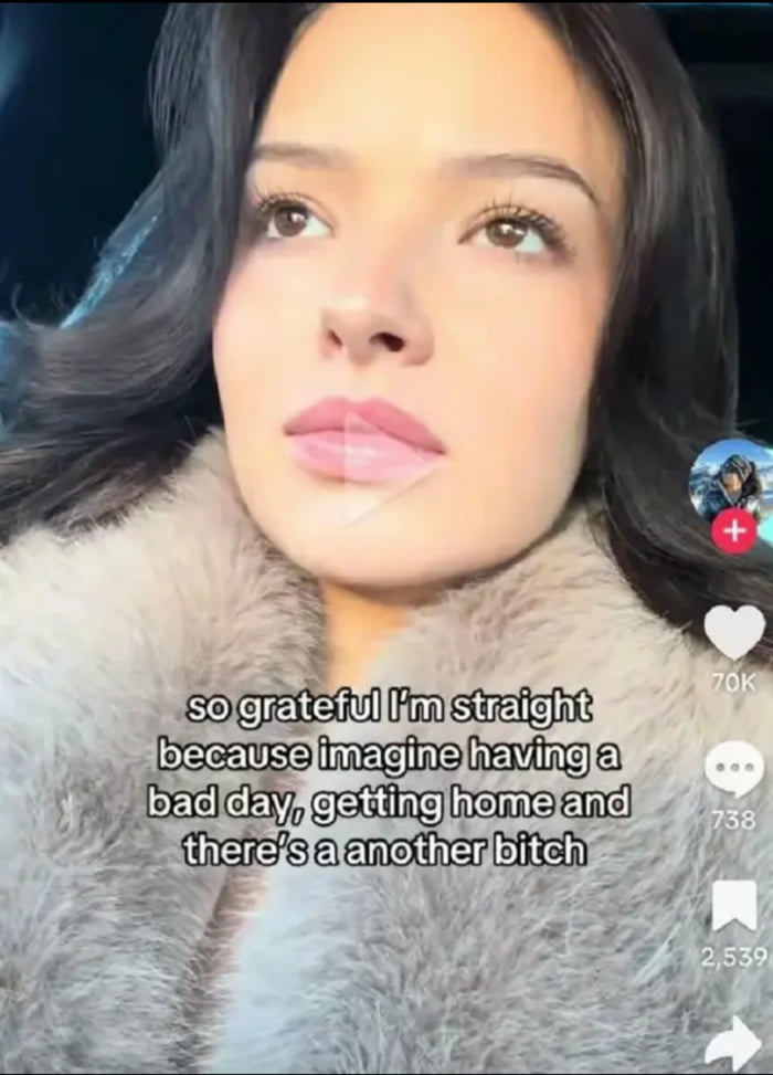 This is a screenshot of a TikTok video showing a real woman with long dark wavy hair wearing a light grey fur coat, looking upwards with a neutral expression. Overlaid on the image is text that reads "so grateful I'm straight because imagine having a bad day, getting home and there's a another bitch", a sarcastic joke that implies that two women in a same-sex relationship would both be in bad moods at the same time, contrasting with being straight where you come home to a male partner. TikTok UI elements with engagement counts are visible on the right side of the screenshot.