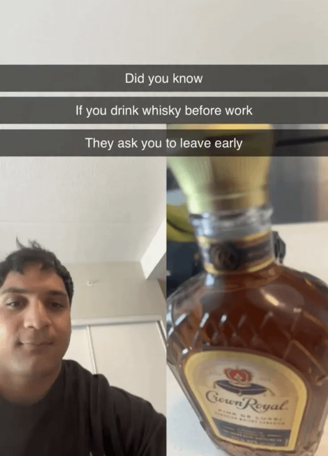 A split-screen meme with two sections: the left side shows a person taking a casual selfie in a domestic setting (likely a kitchen), while the right side features a close-up of a Crown Royal whisky bottle. Overlaid text at the top reads: 'Did you know If you drink whisky before work They ask you to leave early'. The humor is sarcastic, framing intoxication from drinking whisky before work as a 'tip' to get sent home early, playing on the double meaning of 'ask you to leave early' (implied to be a positive but actually negative consequence).