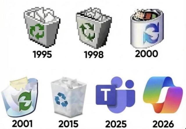 A collage meme depicting the evolution of the Windows operating system's trash/recycle bin icon from 1995 to fictional 2026. The first five icons (1995-2015) reflect actual historical designs: pixelated gray bins with green recycling symbols (1995, 1998), a silver bin with a blue arrow (2000), a more 3D white bin with a green symbol (2001), and a minimalist white bin with a blue recycling logo (2015). The final two icons (2025-2026) are fictional and satirical: a purple abstract 'Tj' logo (2025) and a colorful, abstract shape (2026), humorously exaggerating the trend of simplifying UI design to the point of losing functional recognition.