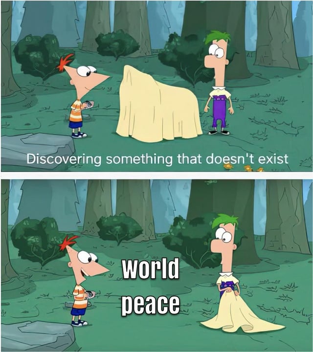 A two-panel meme using scenes from the animated series 'Phineas and Ferb'. The top panel shows Phineas (red-haired boy in an orange striped shirt) holding a device, looking at a large yellow sheet covering an unseen object, with the text 'Discovering something that doesn't exist'. The bottom panel shows the same scene, but the sheet is removed to reveal nothing underneath, with the text 'World peace' displayed prominently. The joke implies that world peace is as non-existent as the hidden object.