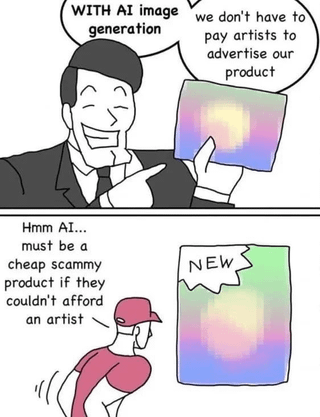 A two-panel comic satirizing the use of AI image generation to replace artists. The top panel shows a smiling man in a suit holding an abstract, colorful image (implied AI-generated) while stating they no longer need to pay artists for advertising. The bottom panel features a person in a red cap and shirt looking at a similar 'NEW' labeled image, skeptically thinking that relying on AI suggests the product is cheap or a scam because the company couldn't afford a real artist.
