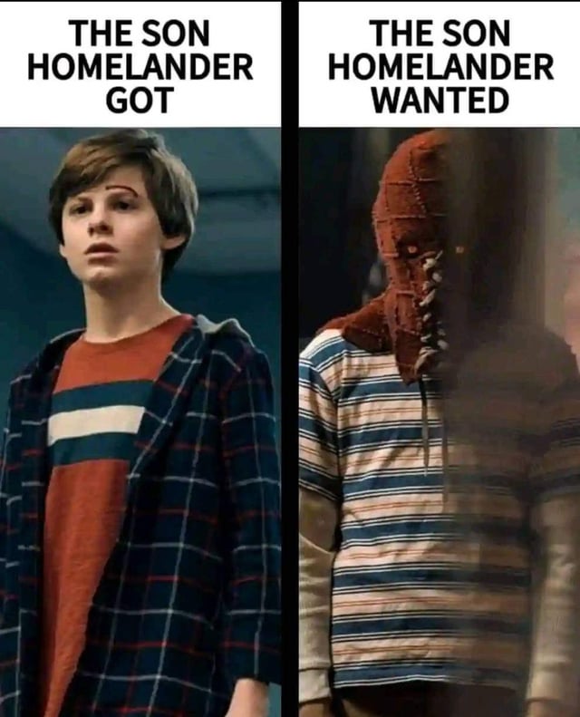 This is a two-panel comparison meme centered on the character Homelander from the Amazon Prime Video series *The Boys*. The left panel shows Ryan Butcher, Homelander's biological son: a young boy with a surprised, neutral expression, dressed in a casual orange striped shirt under a plaid hoodie, paired with the caption 'THE SON HOMELANDER GOT'. The right panel features a menacing, masked figure in a striped shirt, standing in shadow, with the caption 'THE SON HOMELANDER WANTED'. The meme uses the classic 'wanted vs got' format to satirize Homelander's narcissistic, violent nature: he desires a son who is a ruthless, unhinged superhuman like himself, but instead has Ryan, a child who struggles with his powers and shows empathy, conflicting with Homelander's twisted ideals of strength and legacy. The humor comes from the stark contrast between the gentle, vulnerable Ryan and the dark, intimidating figure that represents Homelander's warped expectations.