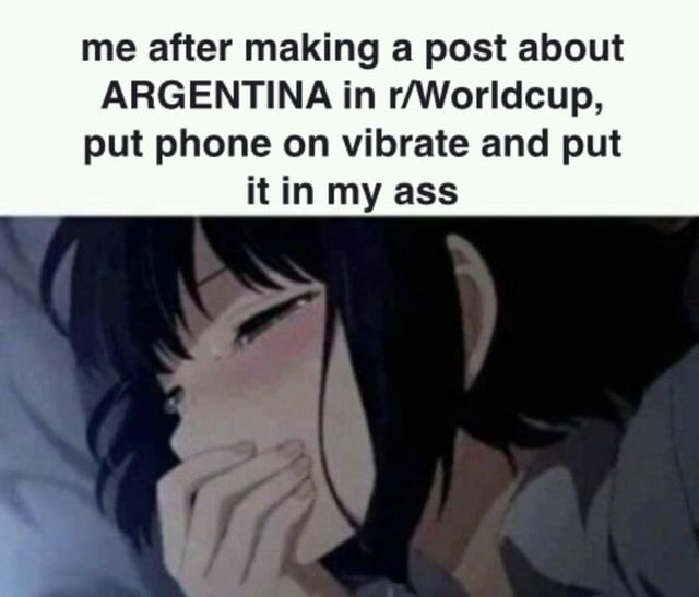 This is a single-panel reaction meme. It features black text on a white background at the top that reads 'me after making a post about ARGENTINA in r/Worldcup, put phone on vibrate and put it in my ass'. Below the text is an image of a dark-haired, blushing female anime character holding a hand over her mouth, looking pleased and aroused. The joke makes a crude sexual innuendo, implying that the frequent notification vibrations from a high-engagement post about Argentina give the poster sexual pleasure.