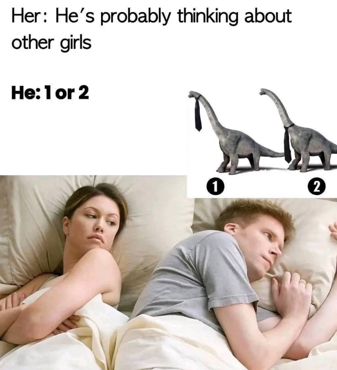The image consists of two main sections. The top section features text contrasting a woman's assumption and a man's thought: 'Her: He’s probably thinking about other girls' and 'He: 1 or 2', accompanied by two gray dinosaurs wearing ties, labeled '1' and '2'. The bottom section shows a woman and a man lying in bed; the woman appears concerned with her arms crossed, while the man looks thoughtful with his hand under his pillow. The humor subverts the common trope of women assuming men think about other people by revealing the man is instead pondering a trivial choice between two dinosaurs.