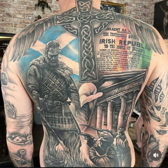 This is a satirical meme mocking the common stereotype of American people who dramatically overstate and obsess over extremely small amounts of Celtic or Irish ancestry revealed by consumer DNA tests like 23andMe. The image shows the back of a man with an extremely extensive, full-coverage back tattoo filled with iconic Irish/Celtic historical and cultural imagery, framed by the joke caption that presents this extreme, permanent, heavily themed tattoo as a typical overreaction to finding only trace amounts of Celtic ancestry in a DNA test result.