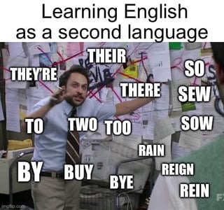 This meme uses the popular Charlie Kelly conspiracy board still from the TV show *It's Always Sunny in Philadelphia*. The top text reads "Learning English as a second language". The character Charlie is depicted gesturing frantically in front of a messy pinboard covered in notes, with groups of common English homophones (words with identical pronunciation but different spellings and meanings) placed around him: they're/their/there, to/two/too, by/buy/bye, so/sew/sow, rain/reign/rein. The joke humorously highlights the frustration of people learning English as a second language, who struggle with the large number of homophones that share the same pronunciation but have unrelated meanings and spellings.