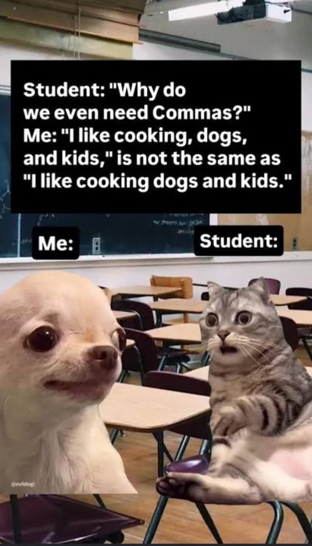 This is a single-panel meme set in a generic empty classroom background. It delivers a humorously exaggerated grammar lesson about the importance of correct comma usage: a student asks why commas are necessary, and the speaker labeled 'Me' gives a stark example. The properly punctuated sentence 'I like cooking, dogs, and kids' expresses that the speaker enjoys the activity of cooking, and likes dogs and children. The version without commas, 'I like cooking dogs and kids', implies the speaker cooks dogs and children as food. A popular unsettling smiling chihuahua represents the speaker, while a well-known shocked wide-eyed tabby cat plays the horrified student reacting to the disturbing unintended meaning of the unpunctuated sentence.