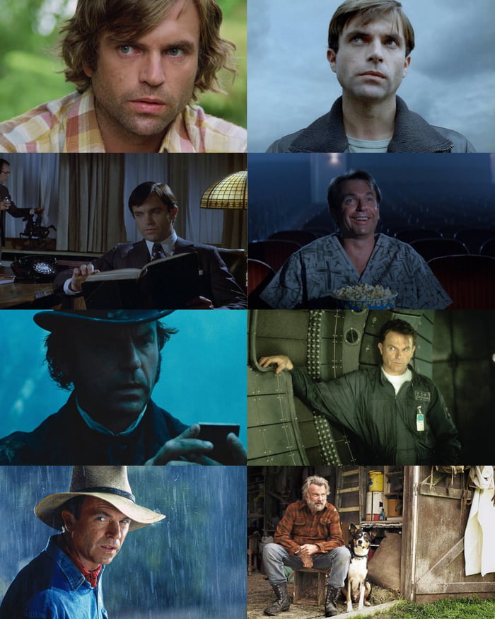 This is a 4-row, 2-column 8-panel collage compiling stills of famous roles played by actor Sam Neill across his decades-long acting career. The collage features characters from his well-known works spanning adventure, sci-fi, drama, and western genres, including roles from productions like Jurassic Park, Hunt for the Wilderpeople, and Thor: Ragnarok, compiled as a tribute following the announcement of his passing to celebrate the breadth of his work that impacted multiple generations of audiences.