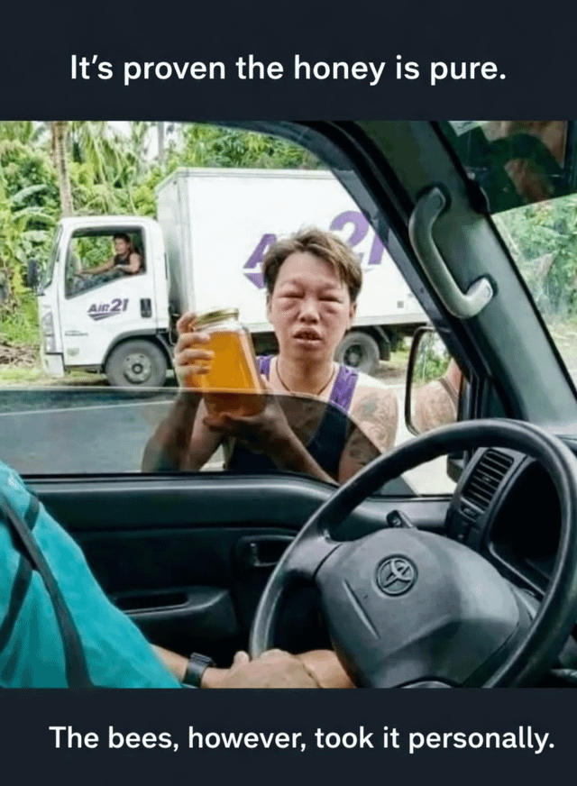 A meme image featuring a person standing outside a vehicle, holding a clear jar filled with golden honey. The individual has a visibly distressed and swollen face, likely from bee stings, with a humorous expression. In the background, there is a white truck with 'Air21' branding and another person visible in the driver's seat. The image has two text overlays: the top text reads 'It's proven the honey is pure.' and the bottom text states 'The bees, however, took it personally.' The humor stems from the implication that the person was attacked by bees (the honey's original creators) for taking their honey, resulting in the swollen face ('process visible on his face') as evidence of the bees' retaliation.