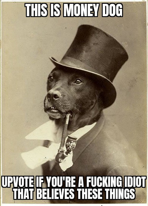This meme features a sepia-toned vintage photograph of a real dog posed in formal 19th-century attire: a tall black top hat, a collared dress shirt with a white bow tie, a dark suit jacket, and a pipe held in its mouth. Bold, white, all-caps text is overlaid at the top and bottom of the image. The top text reads "THIS IS MONEY DOG", and the bottom text reads "UPVOTE IF YOU'RE A FUCKING IDIOT THAT BELIEVES THESE THINGS". The core joke is a sarcastic parody of common "upvote bait" memes that promise positive outcomes (like financial luck, implied by "Money Dog") in exchange for upvotes. Instead, this meme uses harsh, ironic language to mock users who engage with such gimmicky, reward-focused bait content, turning the typical upvote request into an insult to highlight the absurdity of falling for these tactics.