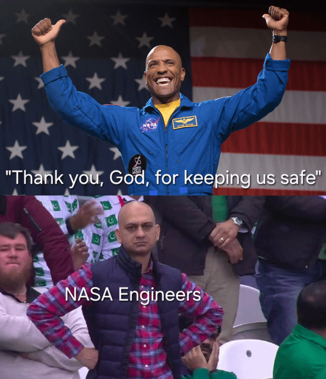 This is a two-panel humor meme that plays on the context of successful NASA space missions and Pakistan's failed lunar mission attempt. The top panel features NASA astronaut Victor Glover celebrating excitedly with raised fists after a successful mission, in front of an American flag, overlaid with the quote "Thank you, God, for keeping us safe". The bottom panel shows a stern, unimpressed bald man of South Asian descent standing with hands on his hips, labeled as "NASA Engineers" — the joke references that many NASA engineers are of South Asian descent, and the man (a Pakistani politician) is implied to feel left out of the celebration after his home country's failed space mission, resulting in his grumpy expression.