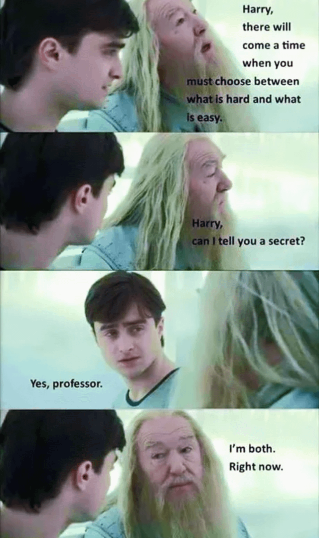 A four-panel screenshot meme derived from the Harry Potter film series, featuring characters Harry Potter (Daniel Radcliffe) and Albus Dumbledore (Michael Gambon). The panels depict a humorous altered conversation: Dumbledore first delivers a serious line about choosing between hard and easy, then asks to share a secret. Harry agrees, and Dumbledore comically reveals, "I'm both. Right now," subverting the original serious tone with a playful twist on his initial statement.