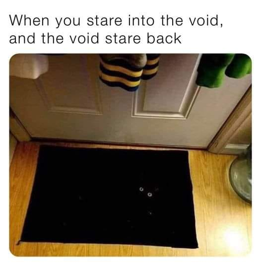 This meme humorously reinterprets Friedrich Nietzsche's famous philosophical quote *"When you stare into the abyss, the abyss stares back"*. The image shows a black cat lying completely hidden on a black doormat, with only its eyes visible—creating the illusion of a dark, sentient "void" staring back at the viewer. The top text reads: *"When you stare into the void, and the void stare back"*, a slight variation of the quote. The joke relies on a visual pun: the abstract concept of a "void" is replaced with a silly, relatable animal visual, turning a profound philosophical statement into a lighthearted gag about hidden cats.