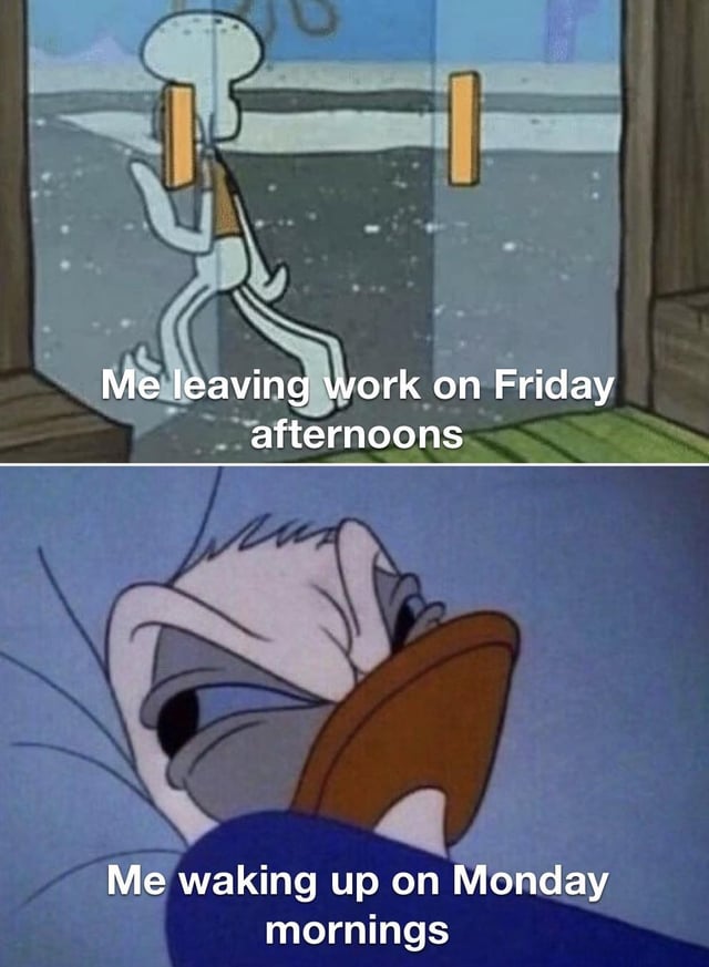 A two-panel meme contrasting emotions toward workweek days. The top panel features Squidward Tentacles from SpongeBob SquarePants walking out of a building with a cheerful demeanor, accompanied by the text 'Me leaving work on Friday afternoons.' The bottom panel shows a grumpy Donald Duck (from Disney Cartoons) lying down with a tired, annoyed expression, with the text 'Me waking up on Monday mornings.' The meme humorously captures the universal joy of Friday work exits versus the dread of Monday mornings.