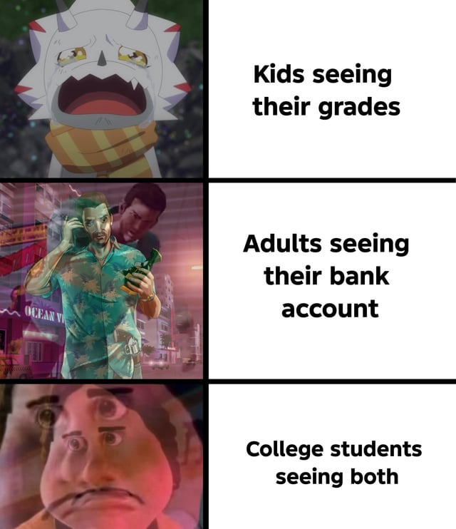 This is a 3-panel two-column comparison meme. The left column features popular distressed reaction images, and the right column gives context for each reaction. The first panel compares kids reacting to bad school grades with a shocked yelling horned anime character. The second panel compares adult stress over seeing low bank account balances with a stressed, overwhelmed Tommy Vercetti from GTA Vice City. The third panel jokes that college students have to handle both bad grades and poor finances at the same time, represented by an extremely stressed distorted cartoon character with extra overlapping eyes showing higher levels of distress than the previous two groups.