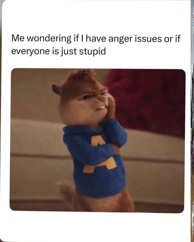 This is a single-panel reaction meme. At the top of the image, text reads 'Me wondering if I have anger issues or if everyone is just stupid'. Below the text is a still of the CGI character Alvin from the Alvin and the Chipmunks film franchise: he is wearing his signature blue hoodie with a yellow letter 'A' printed on the front, holding one hand to his face with a deeply annoyed, exasperated and skeptical expression, perfectly capturing the relatable frustrated sentiment of questioning whether one's own anger is unreasonable or if other people are simply being foolish.