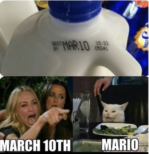 This two-panel meme combines a photo of a milk jug expiration date with the viral 'Woman Yelling at a Cat' meme template to deliver a pun about Mario Day. The top panel displays a white plastic milk jug with a printed 'BEST BY MAR10' expiration date, where 'MAR10' is the standard abbreviation for March 10. The bottom left half of the second panel shows a yelling blonde woman (Taylor Armstrong from The Real Housewives of Beverly Hills) pointing aggressively, labeled 'MARCH 10TH'. The bottom right half shows the unimpressed white cat Smudge sitting at a dinner table, labeled 'MARIO'. The core joke is a homophone pun: 'MAR10' (spoken as 'March ten') sounds exactly like 'Mario', the iconic Nintendo video game protagonist, leading to March 10 being widely celebrated as 'Mario Day' online.